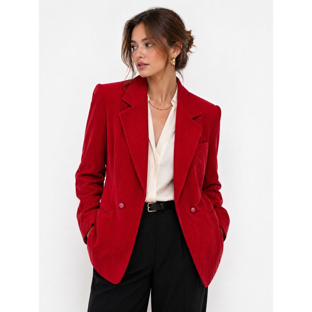 Y2K Red Corduroy Blazer Structured Jacket Front Pockets 90s Retro Office Size 14